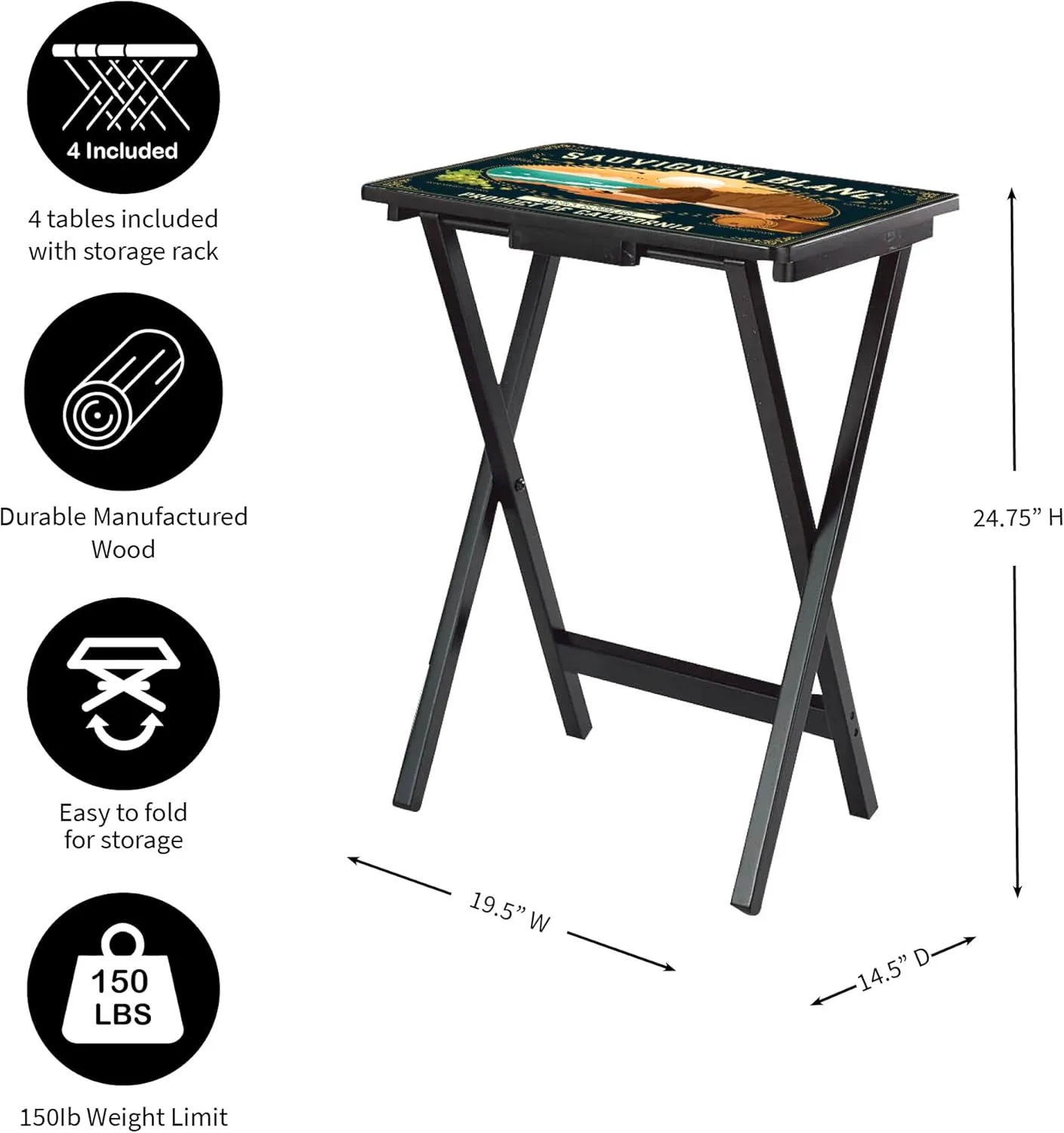 Cape Craftsmen Rectangular TV Trays Table | Set of 4 | Easy Folding Couch Trays with Storage Rack | Decorative Portabe Serving Tables for Home Activities (California)
