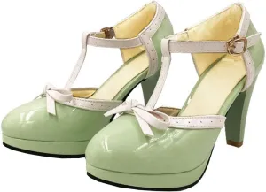 Caradise Womens High Heel T Strap Mary Jane Patent Pumps with Bow Rockabilly Dress Shoes