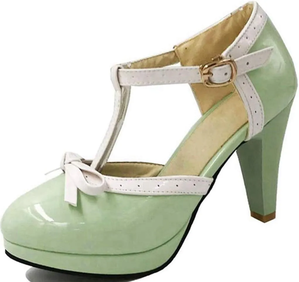 Caradise Womens High Heel T Strap Mary Jane Patent Pumps with Bow Rockabilly Dress Shoes