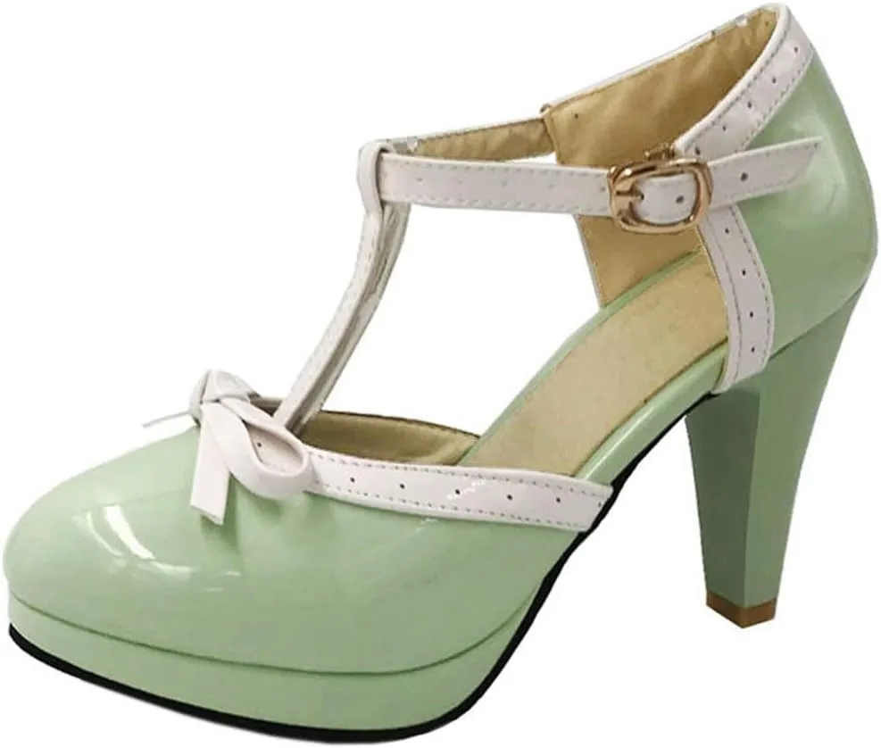 Caradise Womens High Heel T Strap Mary Jane Patent Pumps with Bow Rockabilly Dress Shoes