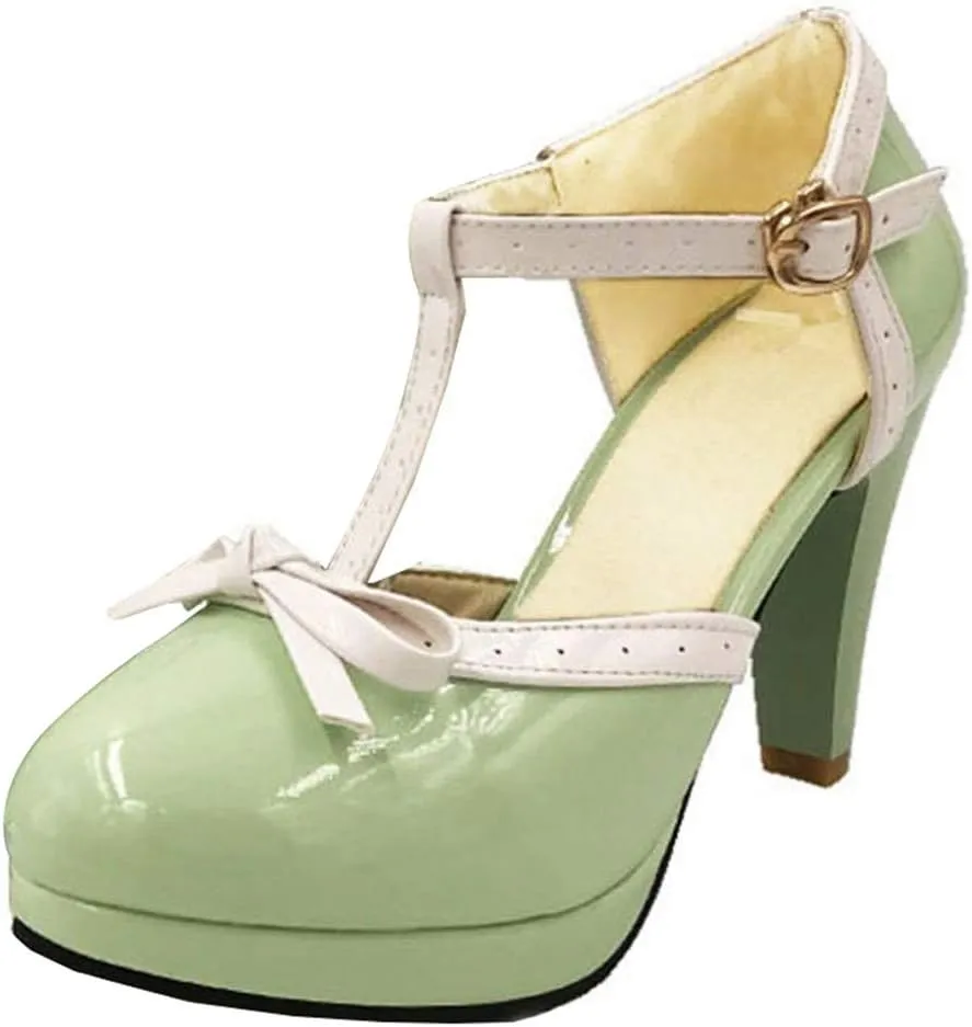Caradise Womens High Heel T Strap Mary Jane Patent Pumps with Bow Rockabilly Dress Shoes