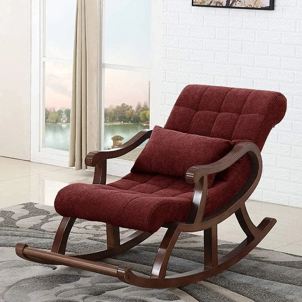 Chair Nordic Wood Rocking Chair,Recliner in The Elderly Chair Adult Sofa Leisure Balcony Easy Chair (Red)