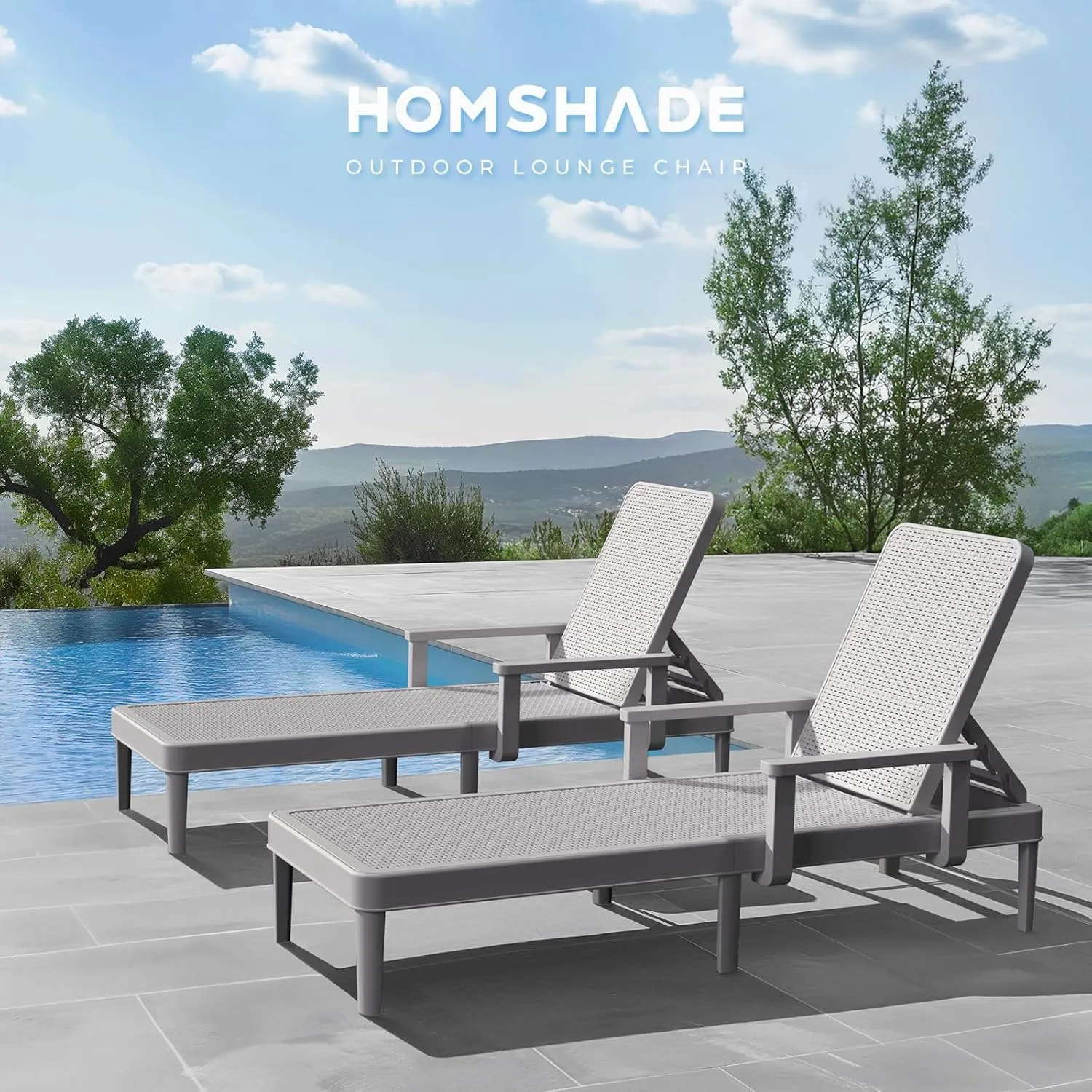 Chaise Lounge Chair Outdoor - Set of 2 with 5 Position Adjustable Backrest, Armrest, Waterproof, 330lbs Weight Capacity for Pool, Resin, Light Grey