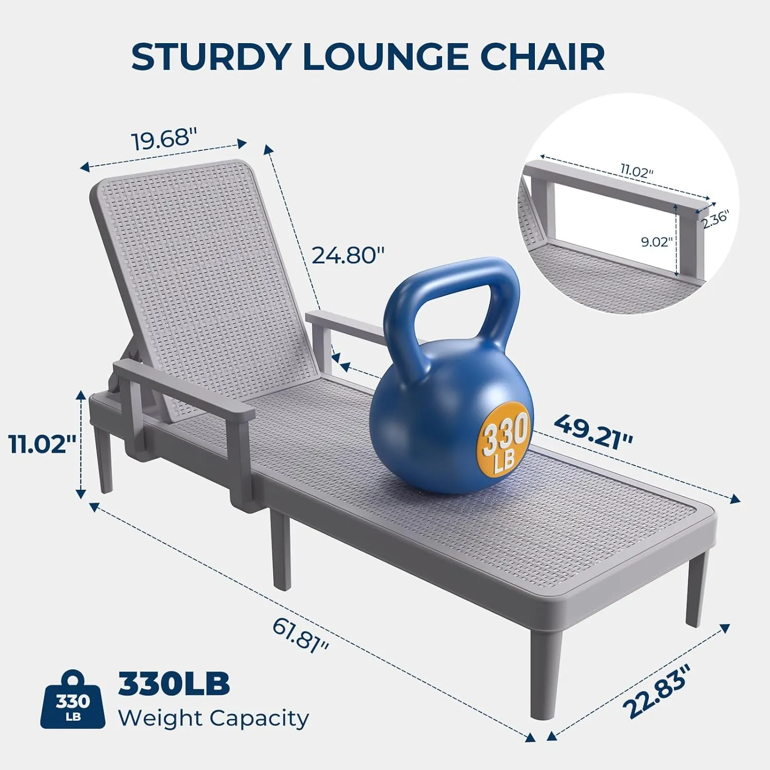 Chaise Lounge Chair Outdoor - Set of 2 with 5 Position Adjustable Backrest, Armrest, Waterproof, 330lbs Weight Capacity for Pool, Resin, Light Grey