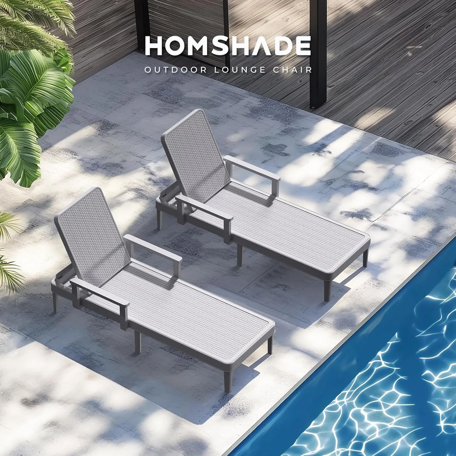 Chaise Lounge Chair Outdoor - Set of 2 with 5 Position Adjustable Backrest, Armrest, Waterproof, 330lbs Weight Capacity for Pool, Resin, Light Grey
