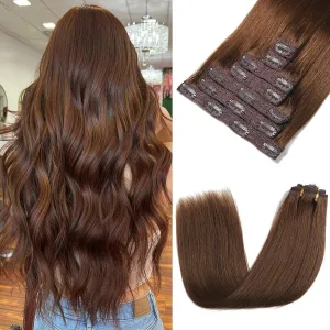 Clip in Hair Extensions Real Human Hair - 20 Inch 120g 7pcs, Chocolate Brown Color - Soft Remy Human Hair Clip in Extensions Straight for Women (#4 20 Inch)