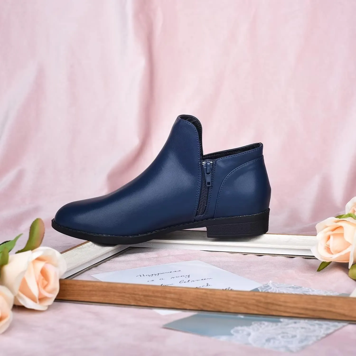ComeShun Low Block Heels Booties Loafer-Style Vamp Comfort Side Zip Ankle Boots