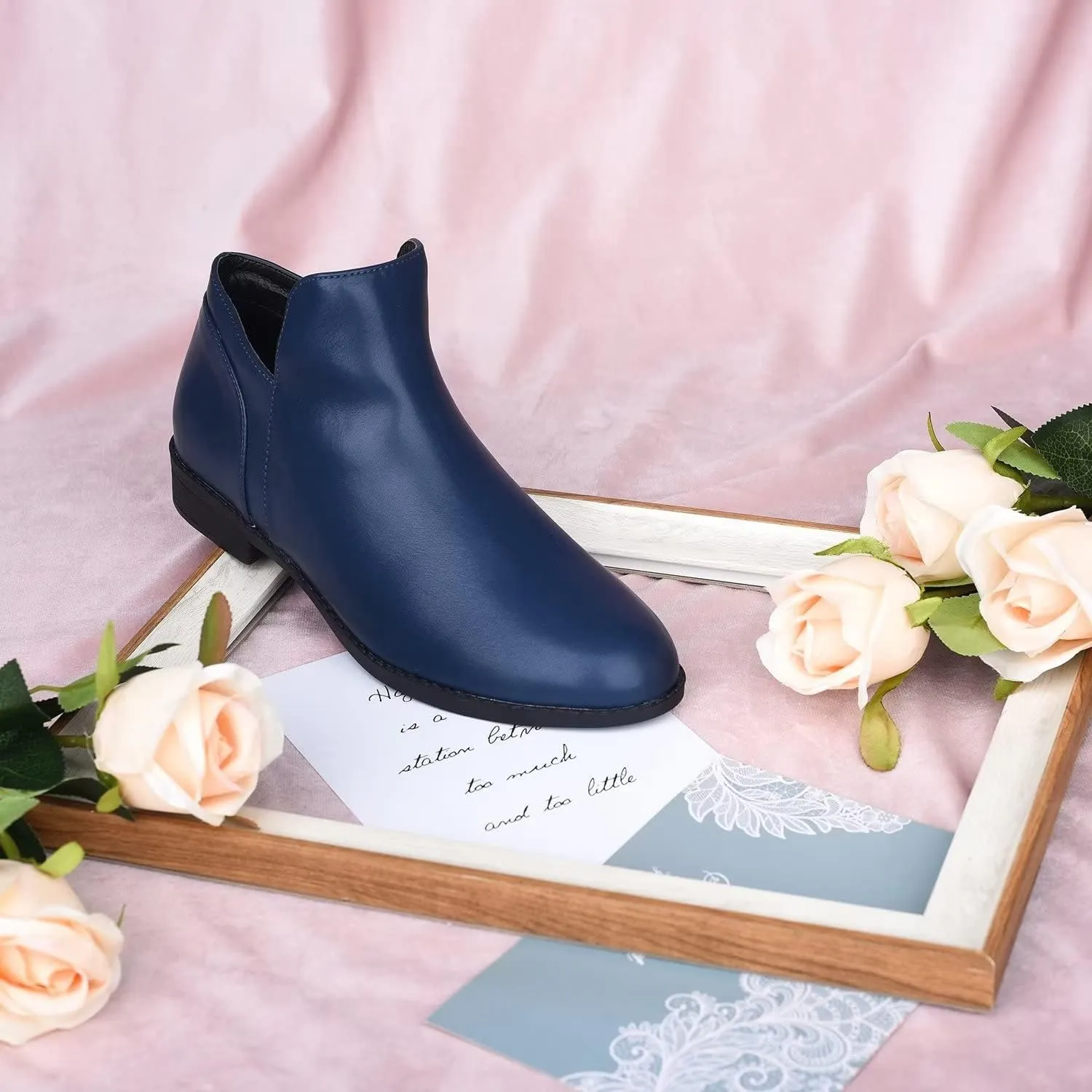 ComeShun Low Block Heels Booties Loafer-Style Vamp Comfort Side Zip Ankle Boots