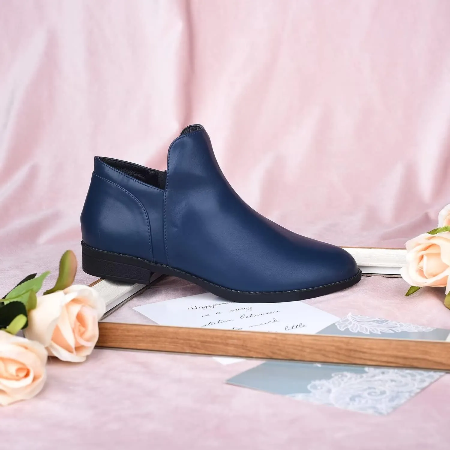 ComeShun Low Block Heels Booties Loafer-Style Vamp Comfort Side Zip Ankle Boots