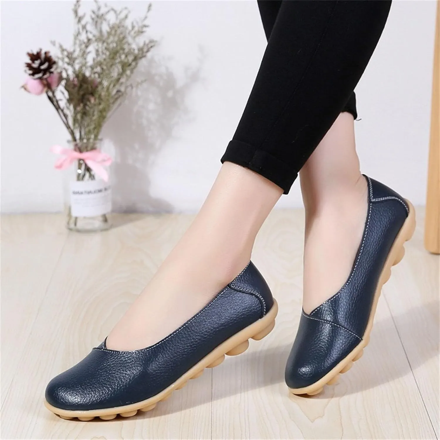 Comfortable Leather Shoes for Women Solid Non Slip Flats Shoes Soft Walking Driving Shoes Business Work Shoes