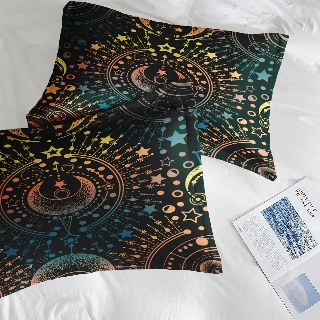 Comforter Set Queen Size, Astrology Stars Moon 7 Pcs Bedding for Kids and Adults, Boho Geometric Gold Bed Sheet Sets with Fitted Sheet 2 Pillowcase & 2 Sham for Bedroom Bed Decor
