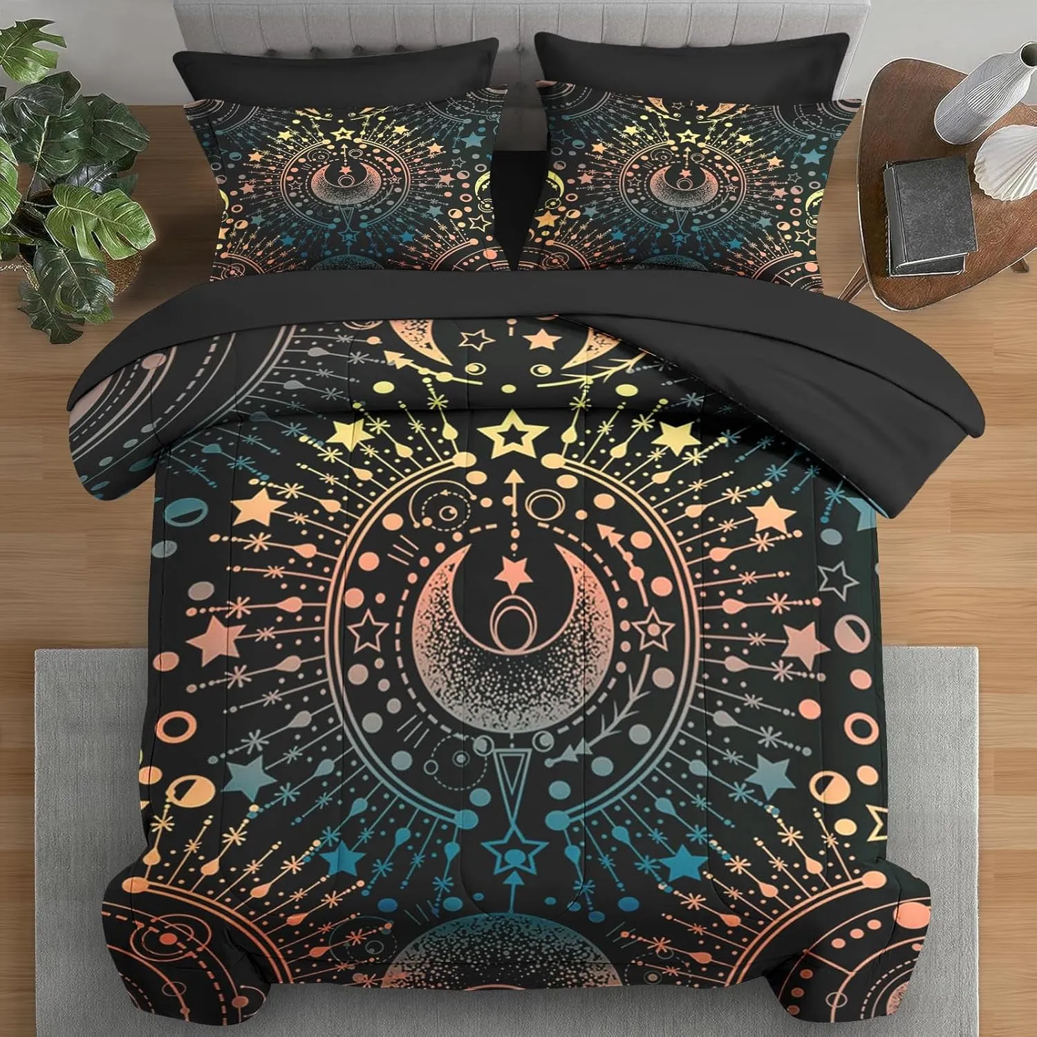 Comforter Set Queen Size, Astrology Stars Moon 7 Pcs Bedding for Kids and Adults, Boho Geometric Gold Bed Sheet Sets with Fitted Sheet 2 Pillowcase & 2 Sham for Bedroom Bed Decor
