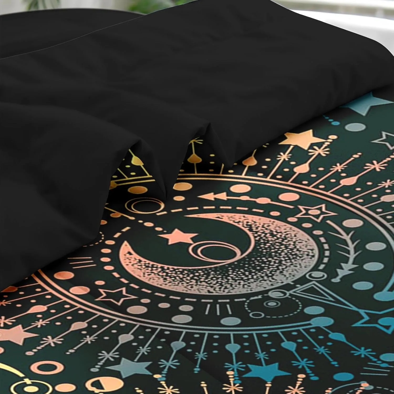 Comforter Set Queen Size, Astrology Stars Moon 7 Pcs Bedding for Kids and Adults, Boho Geometric Gold Bed Sheet Sets with Fitted Sheet 2 Pillowcase & 2 Sham for Bedroom Bed Decor