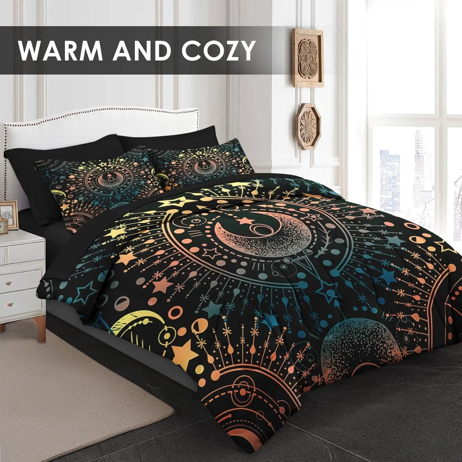 Comforter Set Queen Size, Astrology Stars Moon 7 Pcs Bedding for Kids and Adults, Boho Geometric Gold Bed Sheet Sets with Fitted Sheet 2 Pillowcase & 2 Sham for Bedroom Bed Decor