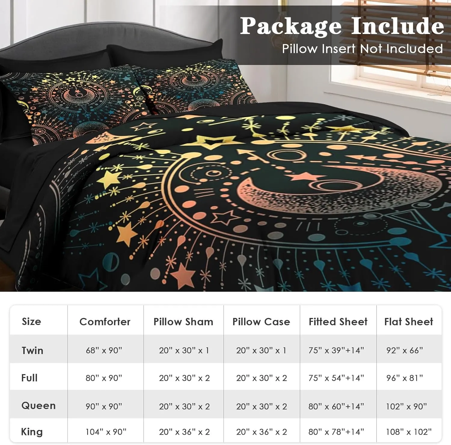 Comforter Set Queen Size, Astrology Stars Moon 7 Pcs Bedding for Kids and Adults, Boho Geometric Gold Bed Sheet Sets with Fitted Sheet 2 Pillowcase & 2 Sham for Bedroom Bed Decor