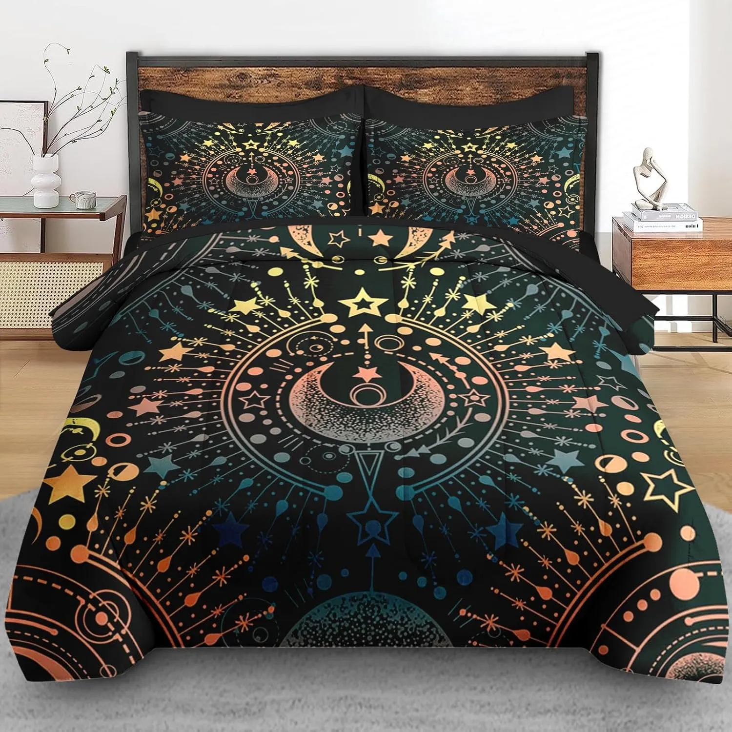 Comforter Set Queen Size, Astrology Stars Moon 7 Pcs Bedding for Kids and Adults, Boho Geometric Gold Bed Sheet Sets with Fitted Sheet 2 Pillowcase & 2 Sham for Bedroom Bed Decor