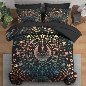 Comforter Set Queen Size, Astrology Stars Moon 7 Pcs Bedding for Kids and Adults, Boho Geometric Gold Bed Sheet Sets with Fitted Sheet 2 Pillowcase & 2 Sham for Bedroom Bed Decor