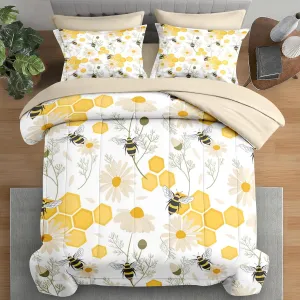 Comforter Set Queen Size, Bees Honey Flower 7 Pcs Bedding for Kids and Adults, Floral Animals Summer Bed Sheet Sets with Fitted Sheet 2 Pillowcases & 2 Shams for Bedroom Bed Decor