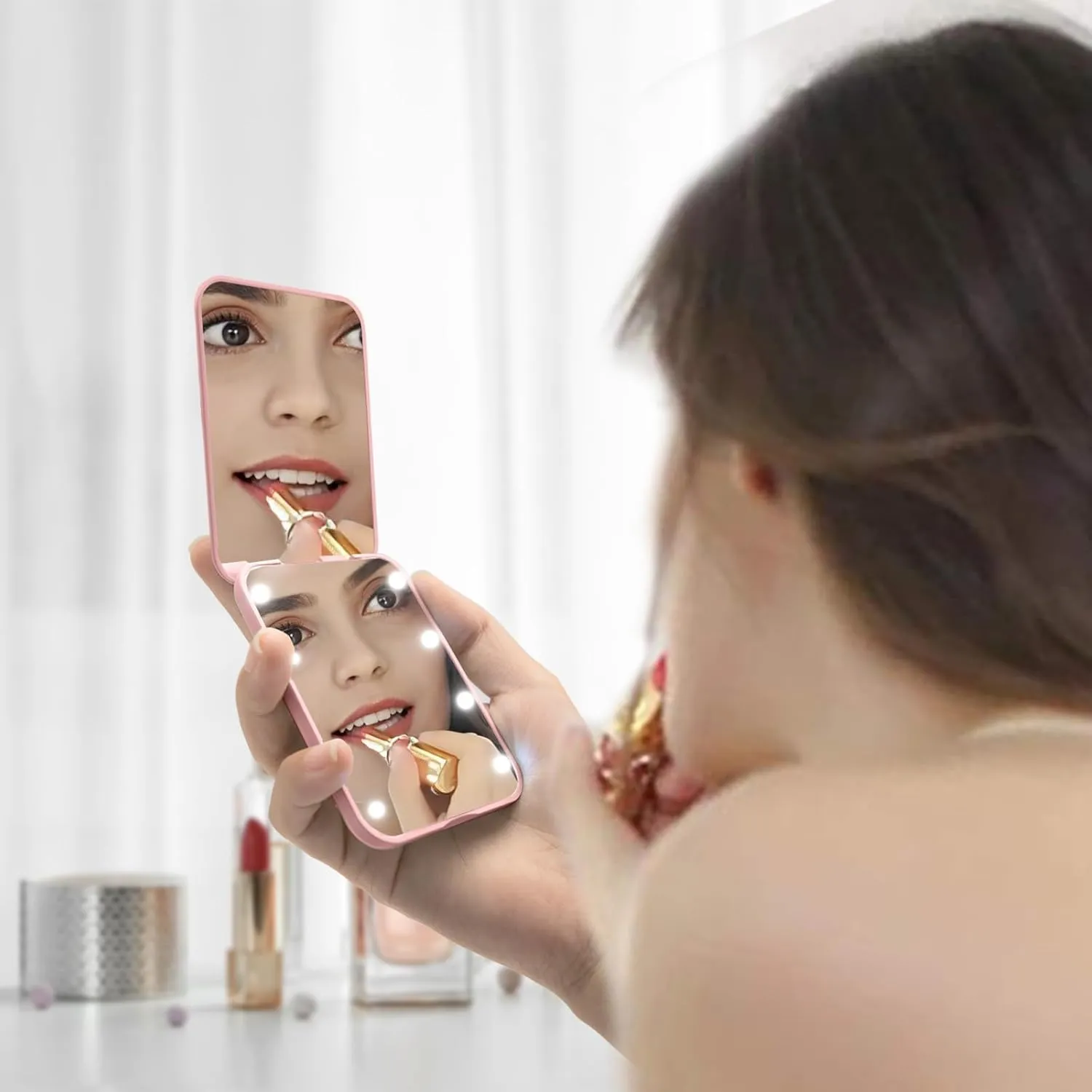 Compact Mirror, 1x/3x Magnifying LED Pocket Mirror, Small Lighted Travel Makeup Mirror for Purse, Handbag, Folding, Handheld, 2-Sided Mini Mirror with Lights for Women (Black Pink 2 Pack)