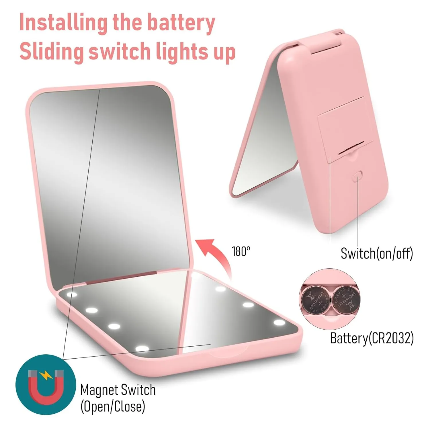 Compact Mirror, 1x/3x Magnifying LED Pocket Mirror, Small Lighted Travel Makeup Mirror for Purse, Handbag, Folding, Handheld, 2-Sided Mini Mirror with Lights for Women (Black Pink 2 Pack)