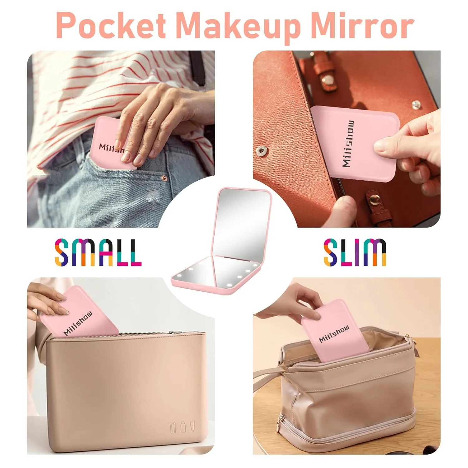 Compact Mirror, 1x/3x Magnifying LED Pocket Mirror, Small Lighted Travel Makeup Mirror for Purse, Handbag, Folding, Handheld, 2-Sided Mini Mirror with Lights for Women (Black Pink 2 Pack)