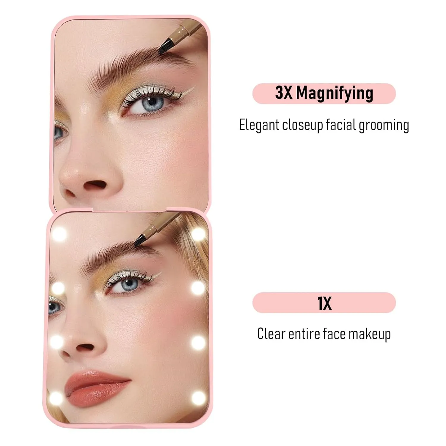 Compact Mirror, 1x/3x Magnifying LED Pocket Mirror, Small Lighted Travel Makeup Mirror for Purse, Handbag, Folding, Handheld, 2-Sided Mini Mirror with Lights for Women (Black Pink 2 Pack)