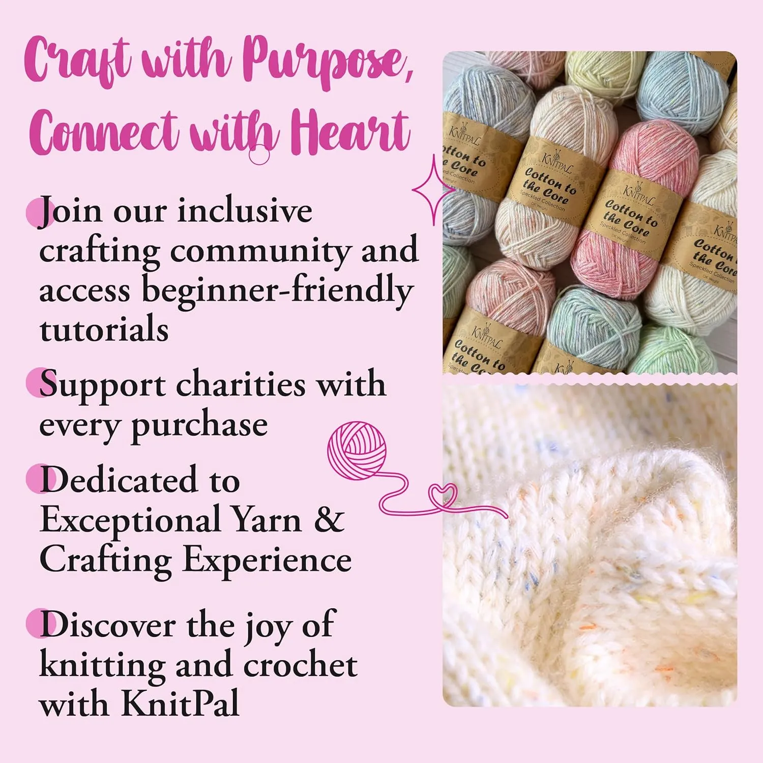 Cotton to The Core Cotton Yarn for Crocheting, 6 Skeins, 852Yds/300G, Free Patterns - Soft Baby Yarn for Knitting - 3 DK Light Worsted Weight - Baby Pink