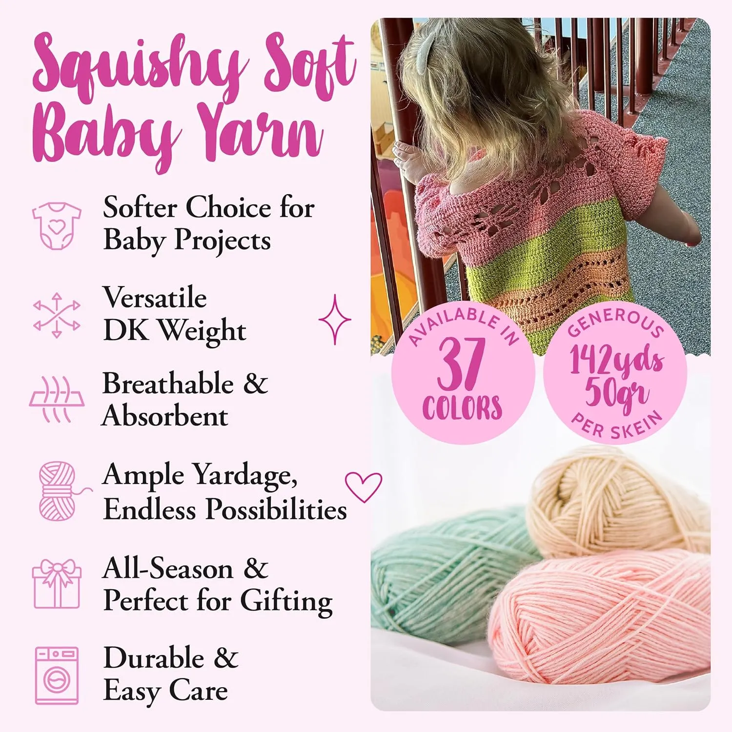 Cotton to The Core Cotton Yarn for Crocheting, 6 Skeins, 852Yds/300G, Free Patterns - Soft Baby Yarn for Knitting - 3 DK Light Worsted Weight - Baby Pink