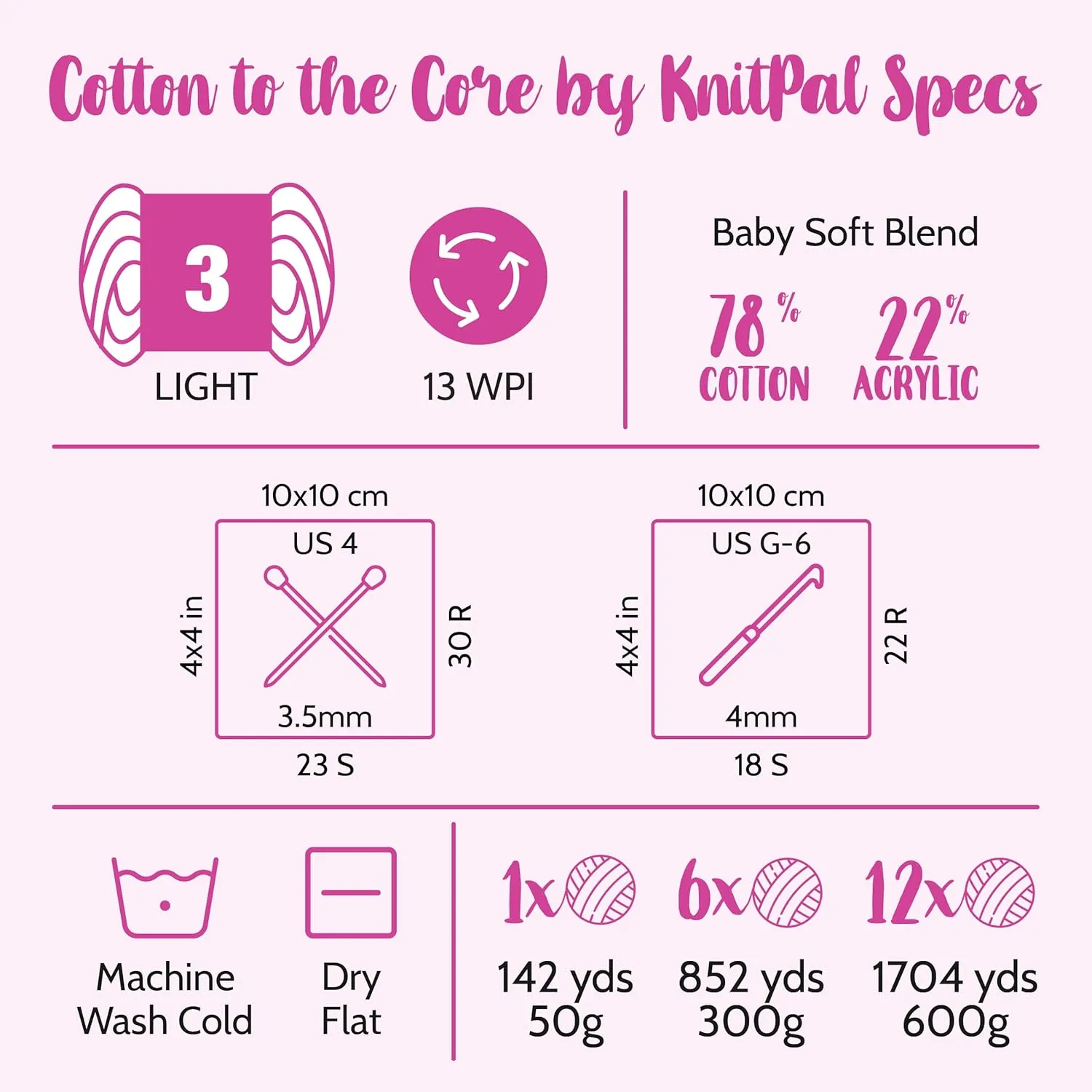 Cotton to The Core Cotton Yarn for Crocheting, 6 Skeins, 852Yds/300G, Free Patterns - Soft Baby Yarn for Knitting - 3 DK Light Worsted Weight - Baby Pink
