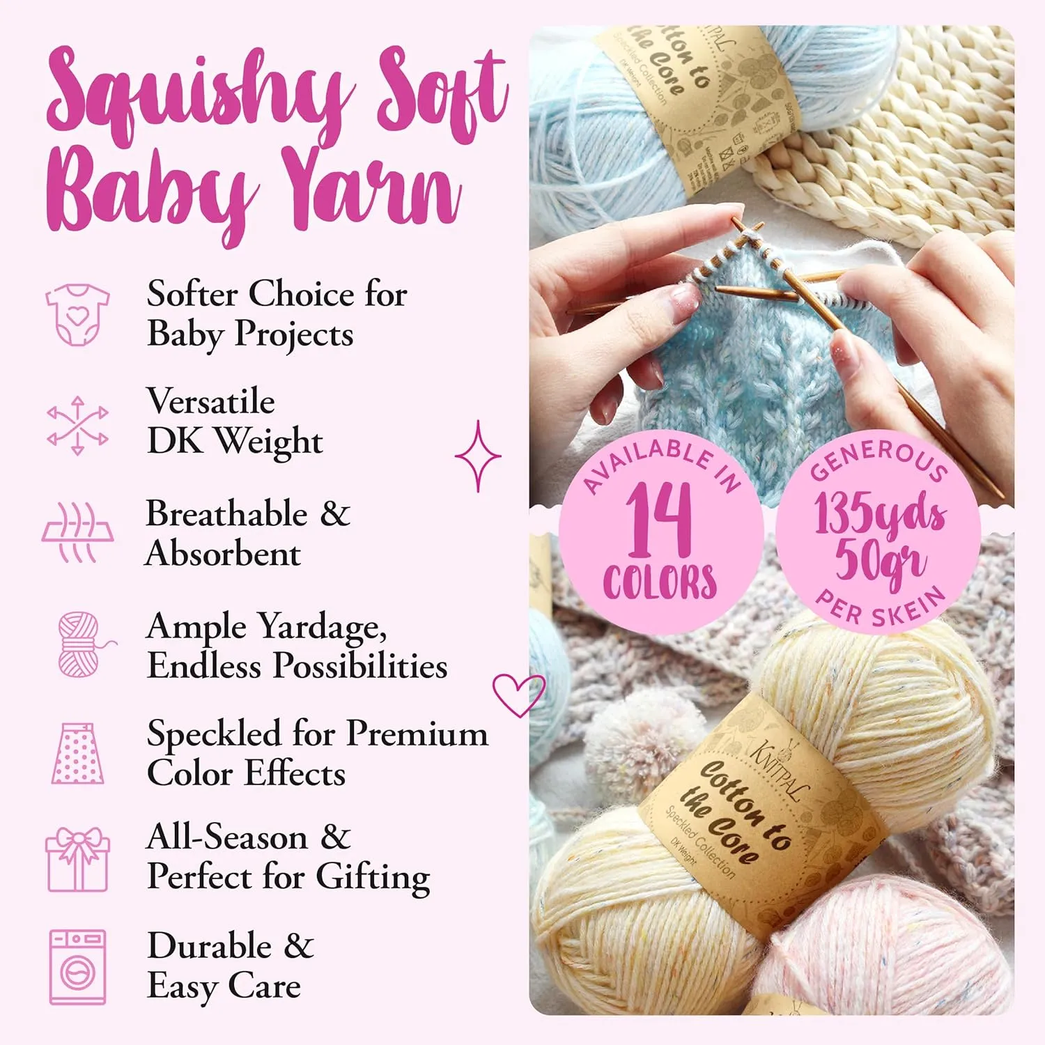 Cotton to The Core Speckled Soft Baby Yarn for Crocheting, 6 Skeins, 810Yds/300G, Free Patterns - Size 3 DK Light Worsted Weight Cotton Yarn for Knitting - Banana Cream