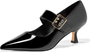 Coutgo Womens Kitten Heels Mary Jane Shoes Closed Pointed Toe Dress Shoes Buckle Work Office Pump Shoes