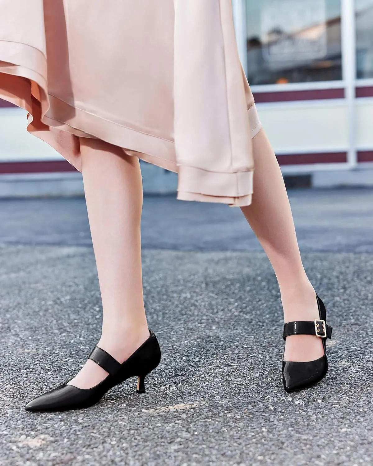 Coutgo Womens Kitten Heels Mary Jane Shoes Closed Pointed Toe Dress Shoes Buckle Work Office Pump Shoes