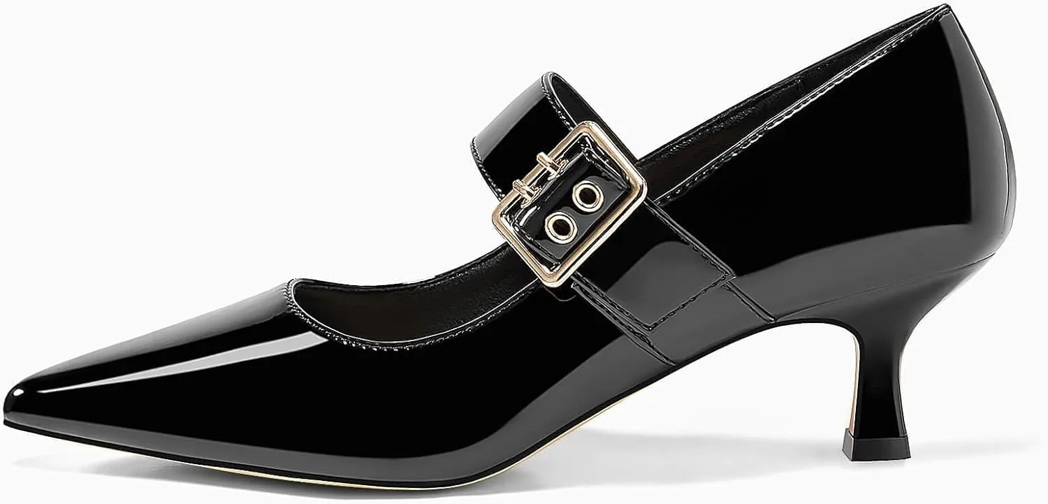 Coutgo Womens Kitten Heels Mary Jane Shoes Closed Pointed Toe Dress Shoes Buckle Work Office Pump Shoes