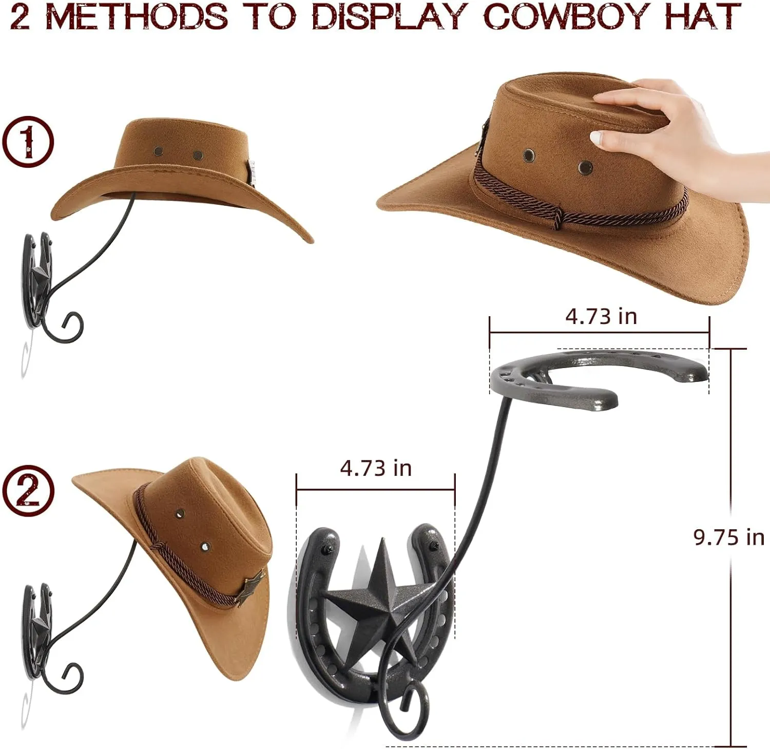 Cowboy Hat Holder for Wall 2 Pack Metal Iron Cowboy Hat Rack Western Hat Hanger Horseshoe Hooks Storage Cowboy Hat Organizer Display Closet Bedroom Living Room Western Gifts Wall Decor