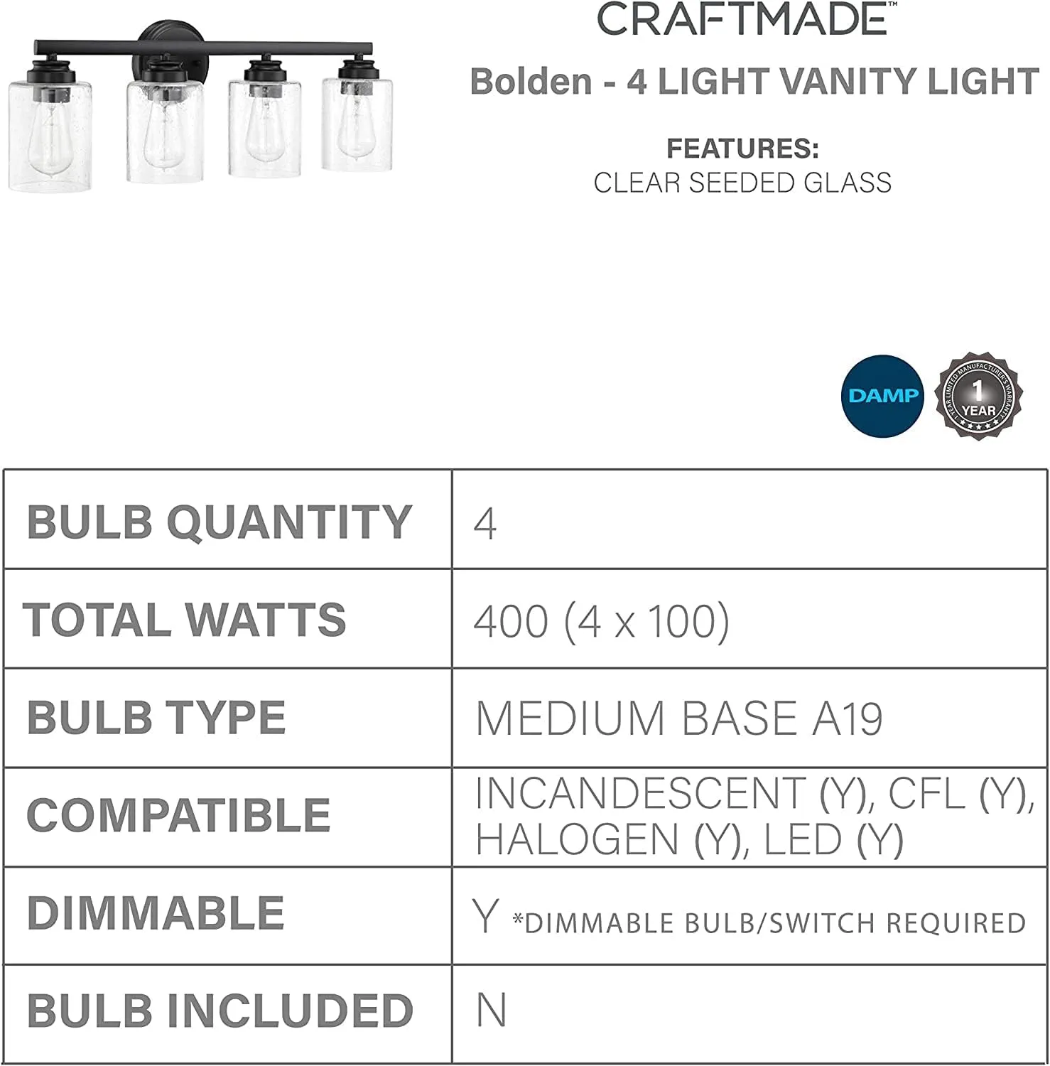Craftmade 50504-FB Bolden Clear Seeded Glass Vanity Bath Lighting, 4-Light 400 Watts, Flat Black