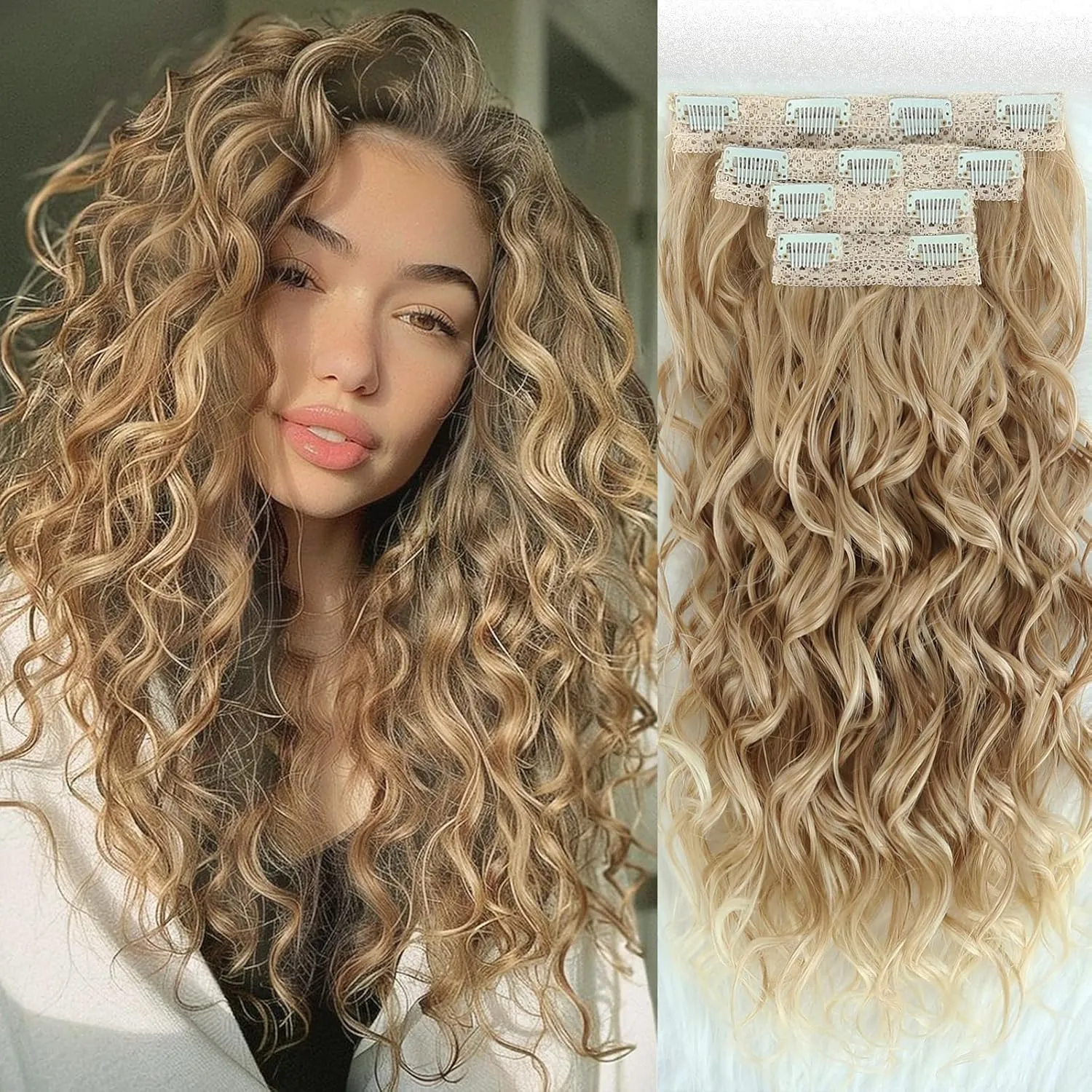 Curly Hair Extensions,LEOSA 4PCS 16 inch Clip in Hair Extensions Short Soft Natural Hairpiece Lace Weft Curly Wave Clip Ins Extensions Invisible for Women,Glden Light Blonde with Highlights