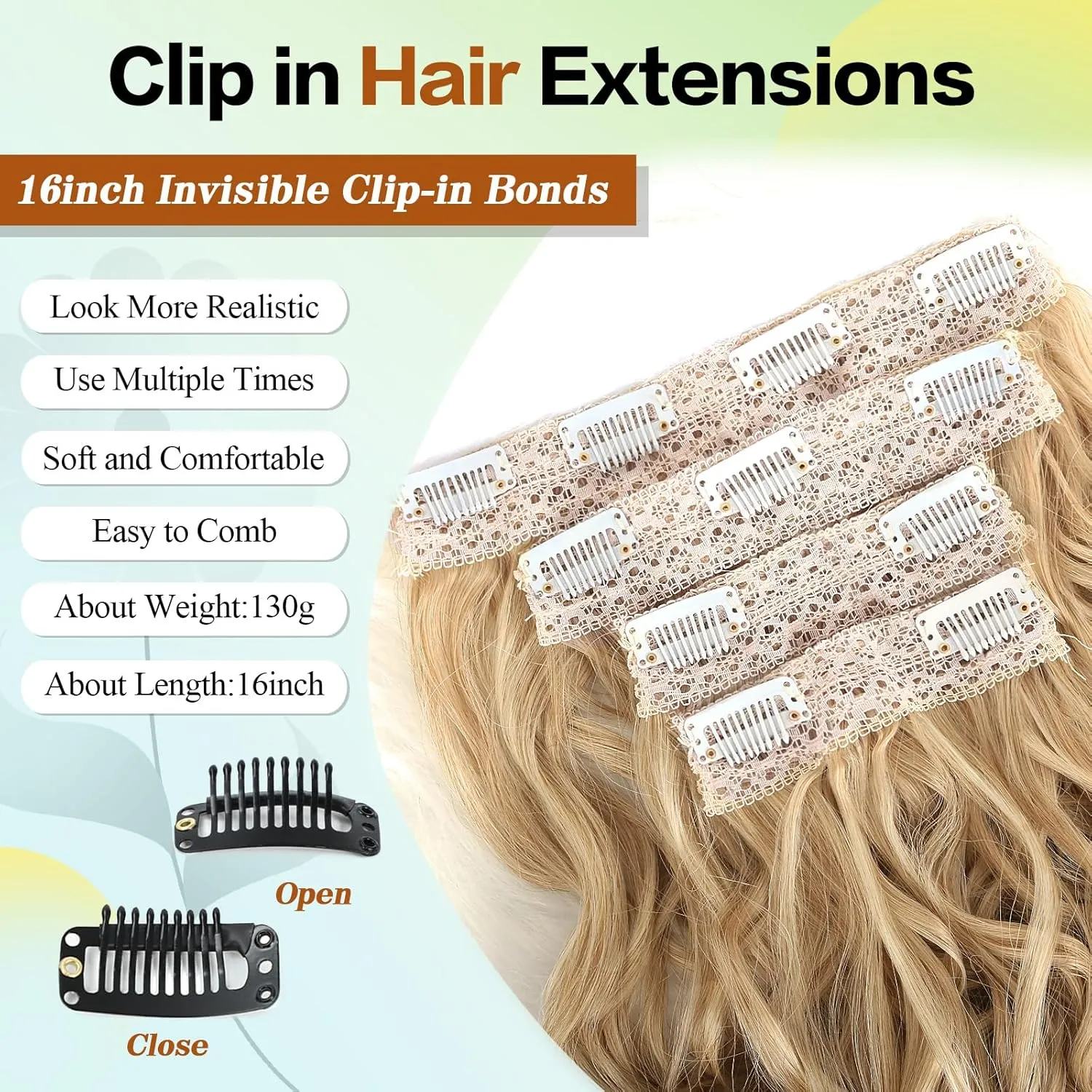 Curly Hair Extensions,LEOSA 4PCS 16 inch Clip in Hair Extensions Short Soft Natural Hairpiece Lace Weft Curly Wave Clip Ins Extensions Invisible for Women,Glden Light Blonde with Highlights