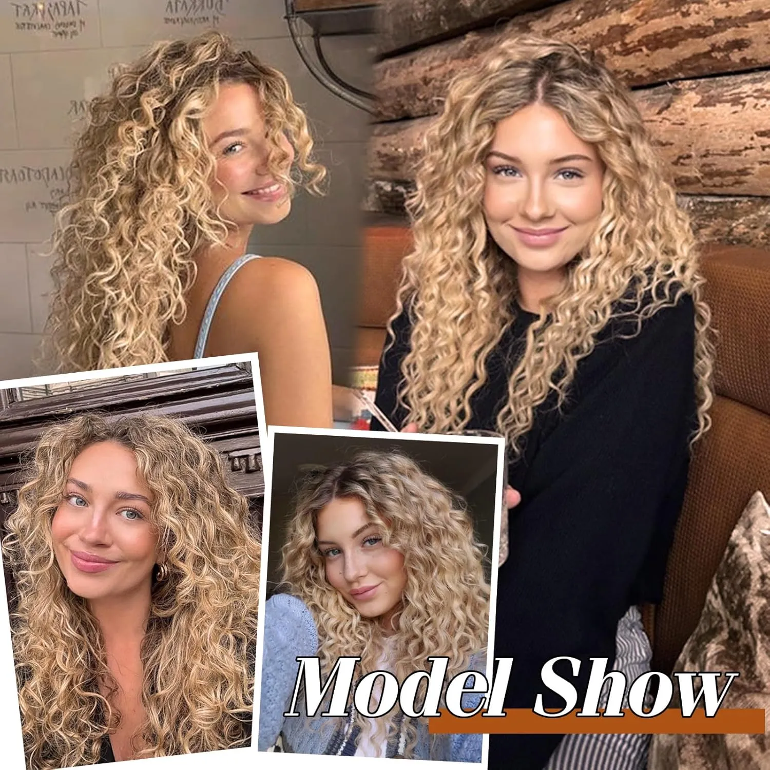 Curly Hair Extensions,LEOSA 4PCS 16 inch Clip in Hair Extensions Short Soft Natural Hairpiece Lace Weft Curly Wave Clip Ins Extensions Invisible for Women,Glden Light Blonde with Highlights