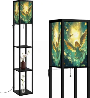 Cute Angel Art Flat Wings Sparkle Nimbus Floor Lamps with Shelves, Modern Standing Lamp Narrow Corner Display Bookshelf Lamp for Living Room, Bedroom, Office Decor