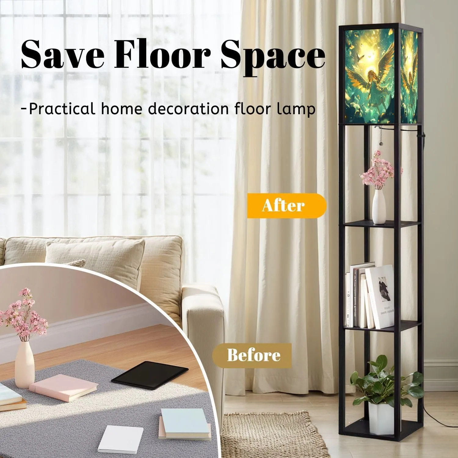 Cute Angel Art Flat Wings Sparkle Nimbus Floor Lamps with Shelves, Modern Standing Lamp Narrow Corner Display Bookshelf Lamp for Living Room, Bedroom, Office Decor