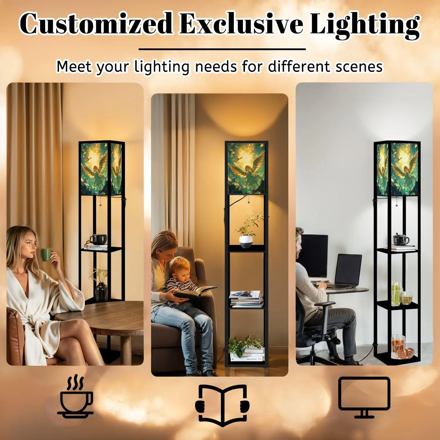 Cute Angel Art Flat Wings Sparkle Nimbus Floor Lamps with Shelves, Modern Standing Lamp Narrow Corner Display Bookshelf Lamp for Living Room, Bedroom, Office Decor