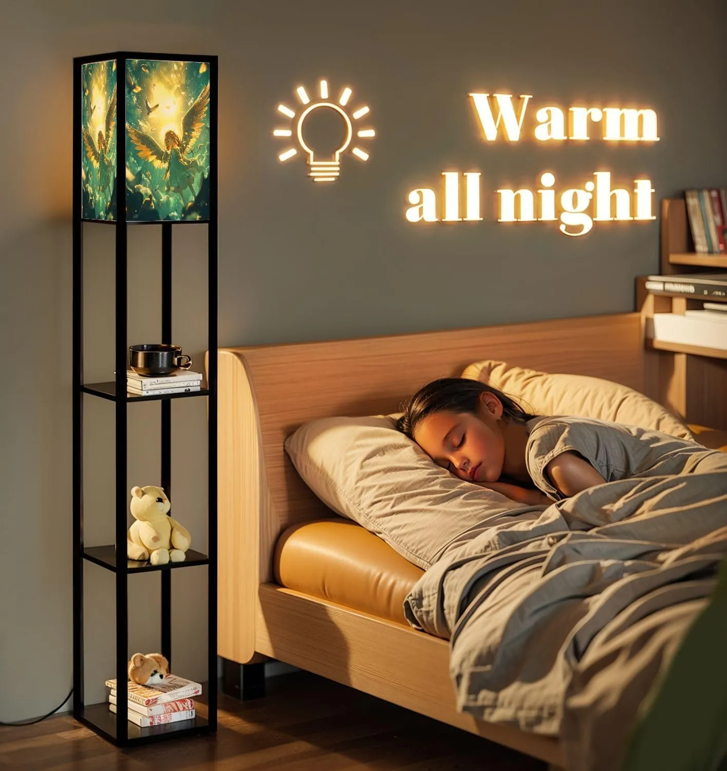 Cute Angel Art Flat Wings Sparkle Nimbus Floor Lamps with Shelves, Modern Standing Lamp Narrow Corner Display Bookshelf Lamp for Living Room, Bedroom, Office Decor