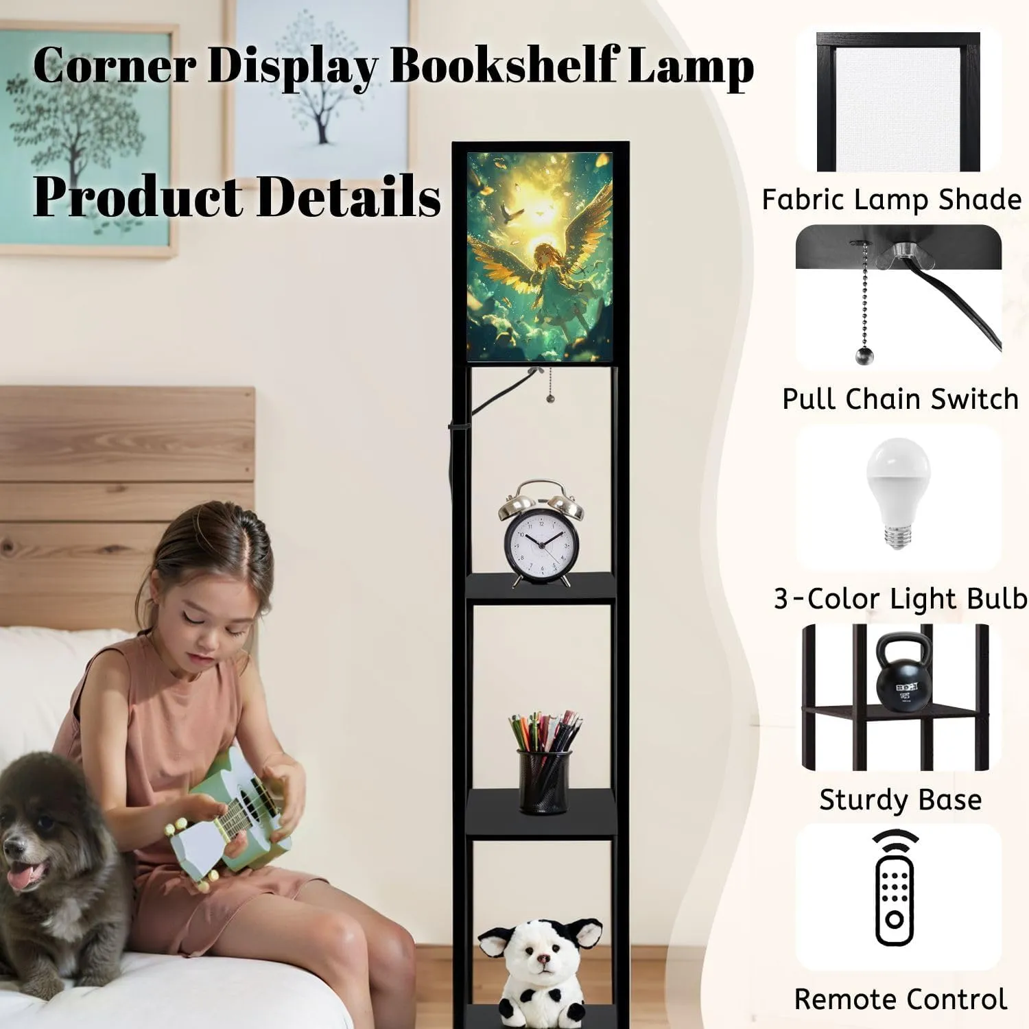 Cute Angel Art Flat Wings Sparkle Nimbus Floor Lamps with Shelves, Modern Standing Lamp Narrow Corner Display Bookshelf Lamp for Living Room, Bedroom, Office Decor