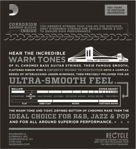 D'Addario  Chromes, Custom Light, Long Scale, 40-100 Bass Guitar Strings ECB84
