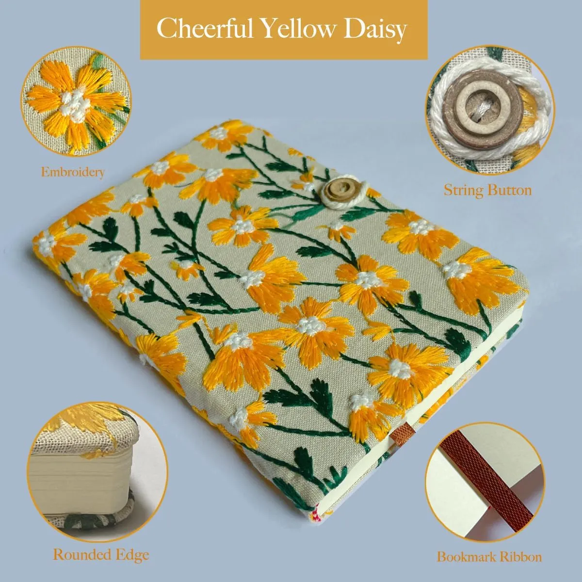 Daisy Gifts for Women, Flower Embroidered Journal, A6 Pocket Sketchbook, Small Unlined Notebook 4x6, Hardcover, Lay Flat, Cute Notebooks, Pretty Journal, Yellow Daisy
