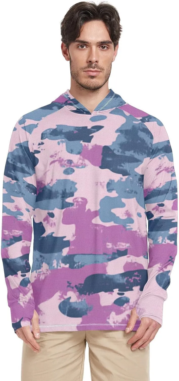 Denim Blue Camouflage Men's Sun Protection Hoodie Long Sleeve Fishing Shirts UPF 50  Fishing Shirts Rash Guard with Hood