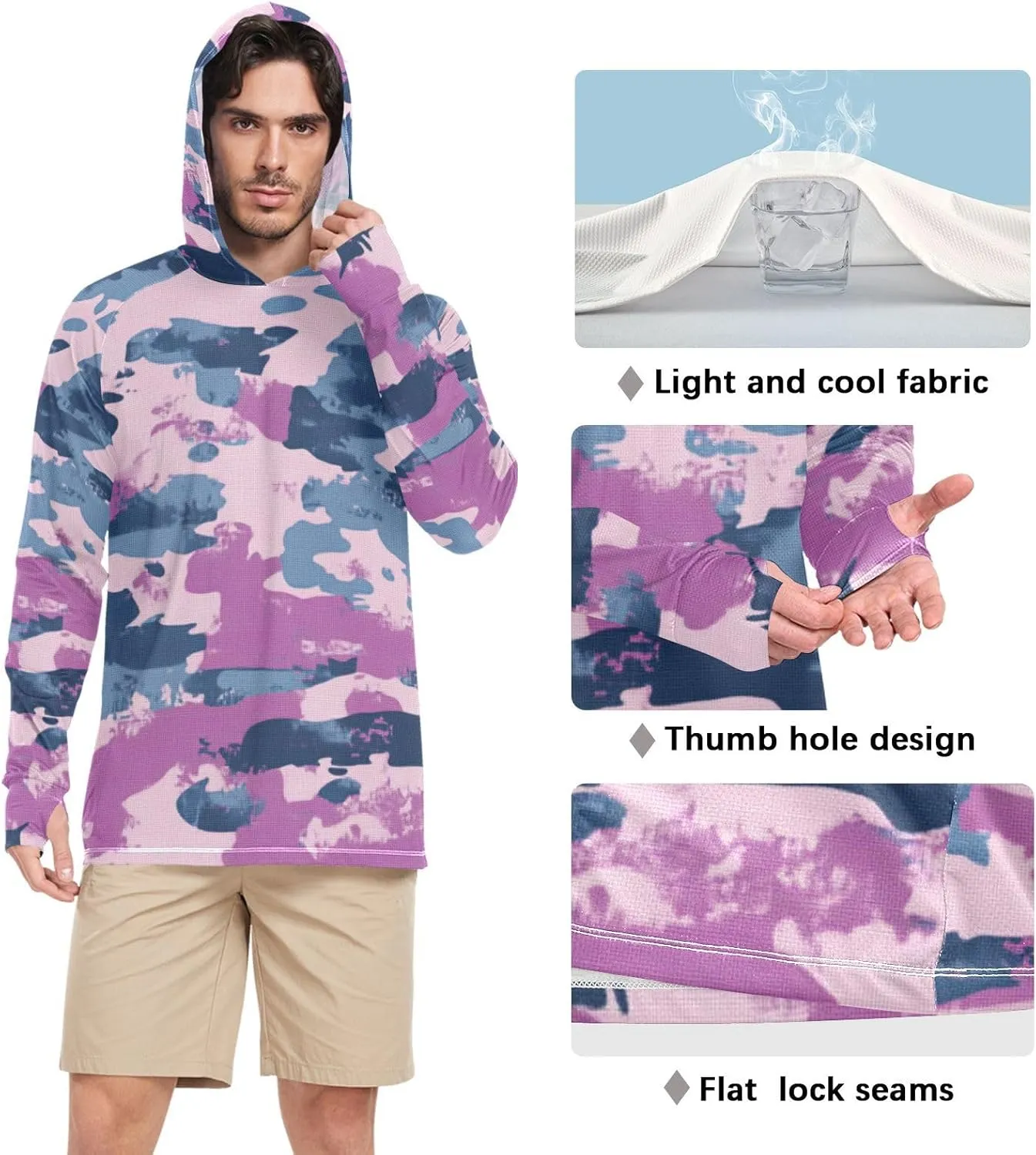 Denim Blue Camouflage Men's Sun Protection Hoodie Long Sleeve Fishing Shirts UPF 50  Fishing Shirts Rash Guard with Hood