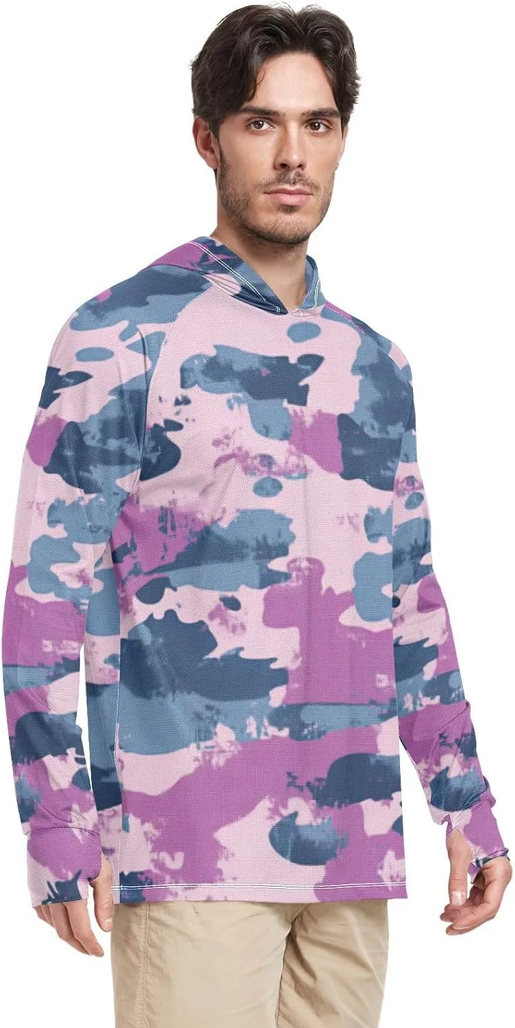 Denim Blue Camouflage Men's Sun Protection Hoodie Long Sleeve Fishing Shirts UPF 50  Fishing Shirts Rash Guard with Hood