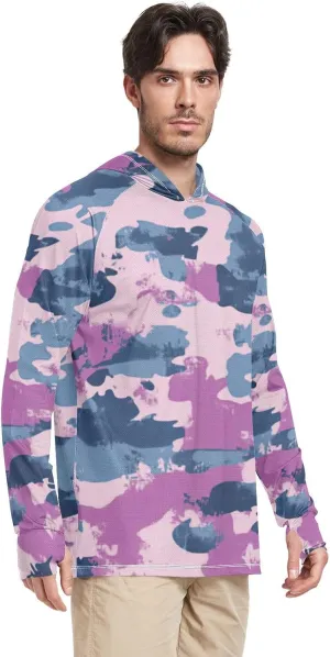 Denim Blue Camouflage Men's Sun Protection Hoodie Long Sleeve Fishing Shirts UPF 50  Fishing Shirts Rash Guard with Hood