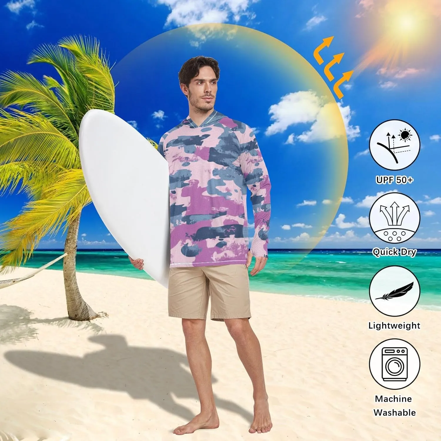Denim Blue Camouflage Men's Sun Protection Hoodie Long Sleeve Fishing Shirts UPF 50  Fishing Shirts Rash Guard with Hood